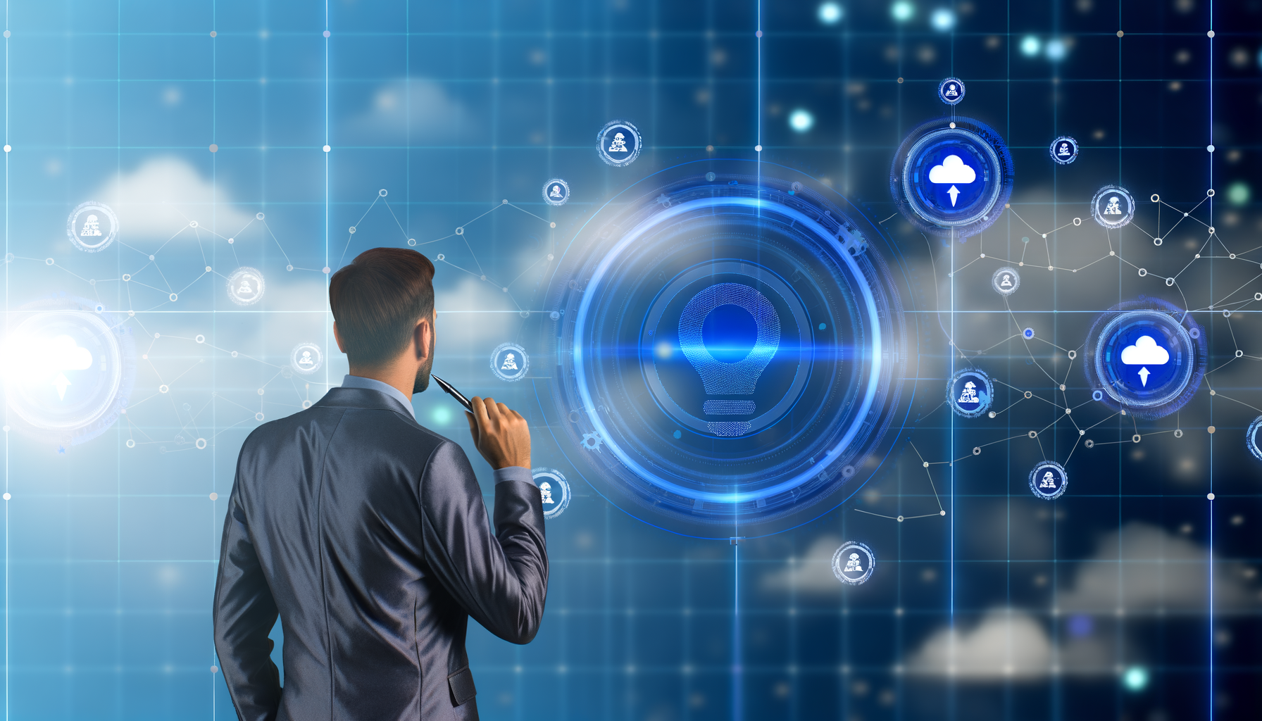 A business professional contemplating innovative ideas amidst a backdrop of digital technology and cloud symbols.